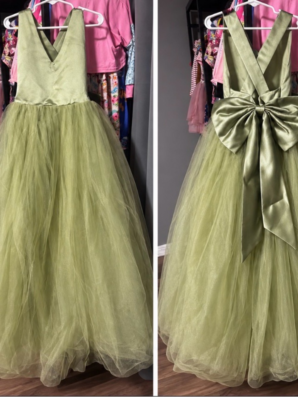 Source Unknown Olive Green Satin & Tulle Girls Formal Dress with Bow